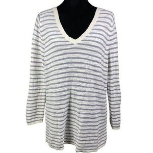 Loft‎ lightweight grey & white striped cotton blend v-neck sweater size large
